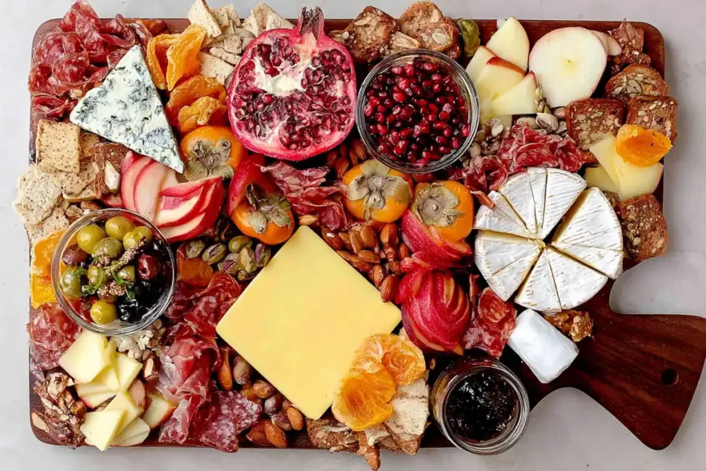 Meat and Cheese Board served with cheese knives small plates drinks fall fruit cured meats cheeses and crackers