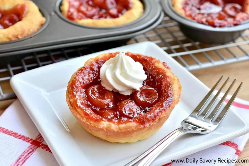 Mini Cherry Tarts with Cream Cheese Crust (Easy Homemade Version) 9 Mini Cherry Tarts with whipped cream on glossy cherry filling and a tender golden crust