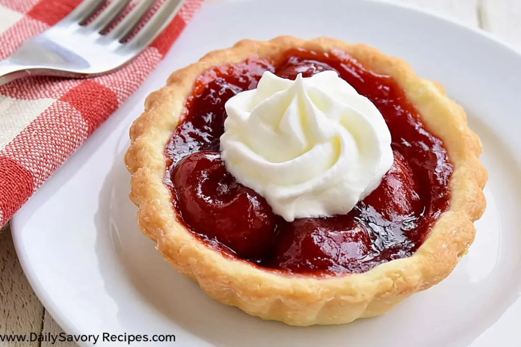 Mini Cherry Tarts with Cream Cheese Crust (Easy Homemade Version) 12 Mini Cherry Tarts served as a simple family table dessert with glossy cherry filling
