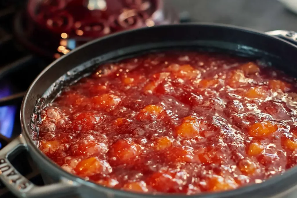 Nectarine Jam Without Pectin (With Canning and Storage Tips) 14 Glossy Nectarine Jam reduced in a pot with fruit pieces visible near set point