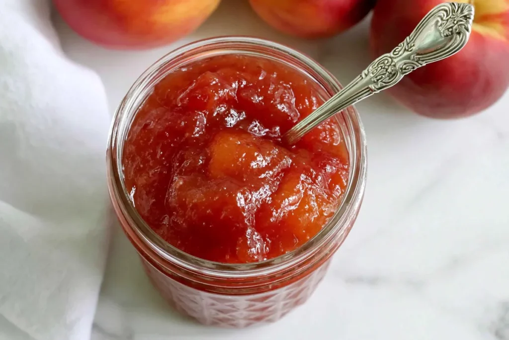 Nectarine Jam Without Pectin (With Canning and Storage Tips) 10 Nectarine Jam in an open jar with a spoon and fresh nectarines on a marble counter