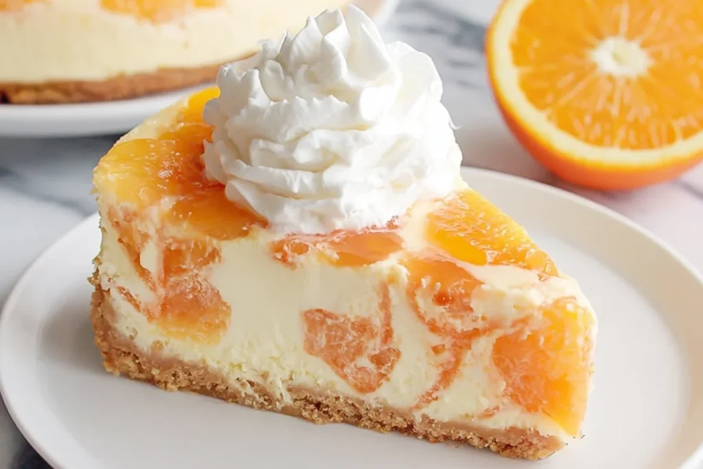 Orange Creamsicle Cheesecake (No-Bake Summer Favorite) 12 Orange Creamsicle Cheesecake close-up slice with orange swirl whipped cream and citrus garnish