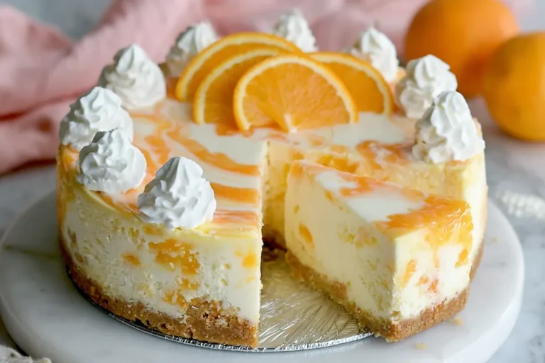 Chef Taha Ayad's Recipe Orange Creamsicle Cheesecake with creamy orange swirl and graham cracker crust