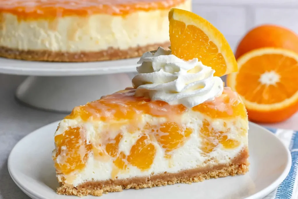 Orange Creamsicle Cheesecake (No-Bake Summer Favorite) 11 Orange Creamsicle Cheesecake slice with whipped cream orange garnish and graham cracker crust