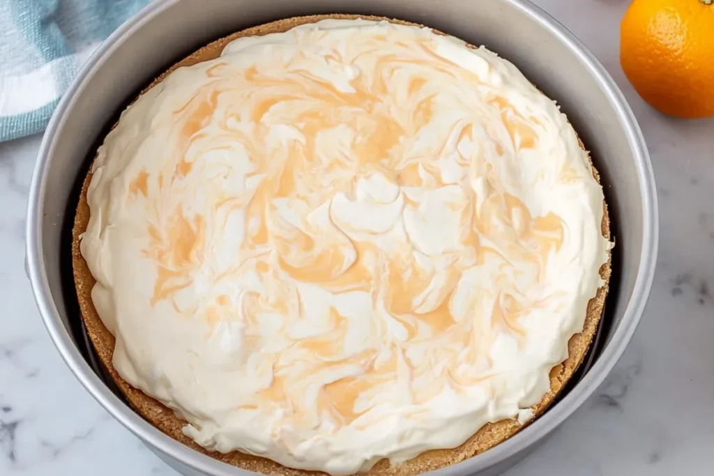 Orange Creamsicle Cheesecake (No-Bake Summer Favorite) 10 Orange Creamsicle Cheesecake swirled filling in a springform pan before chilling
