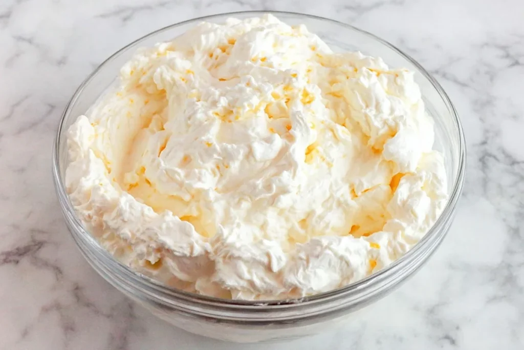 Orange Creamsicle Cheesecake (No-Bake Summer Favorite) 8 Orange Creamsicle Cheesecake whipped cream cheese filling in a glass bowl