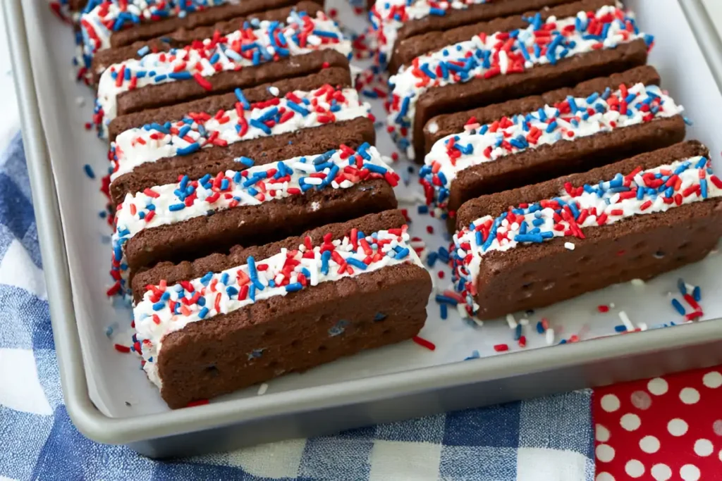 Patriotic Mini Ice Cream Sandwiches for Easy Summer Celebrations 4 Patriotic mini ice cream sandwiches arranged upright with red white and blue sprinkles in a lined pan