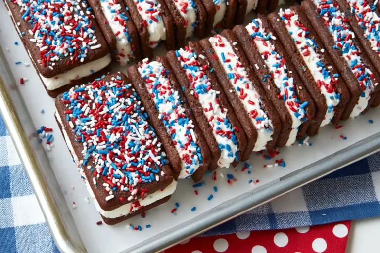 Chef Taha Ayad's Recipe Patriotic Mini Ice Cream Sandwiches with red white and blue sprinkles in a parchment-lined pan
