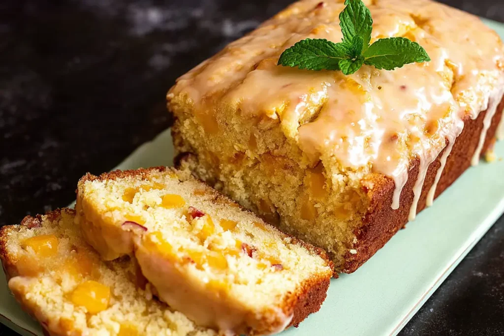 Evenly baked Peach Bread slice with a tender crumb and visible peach pieces