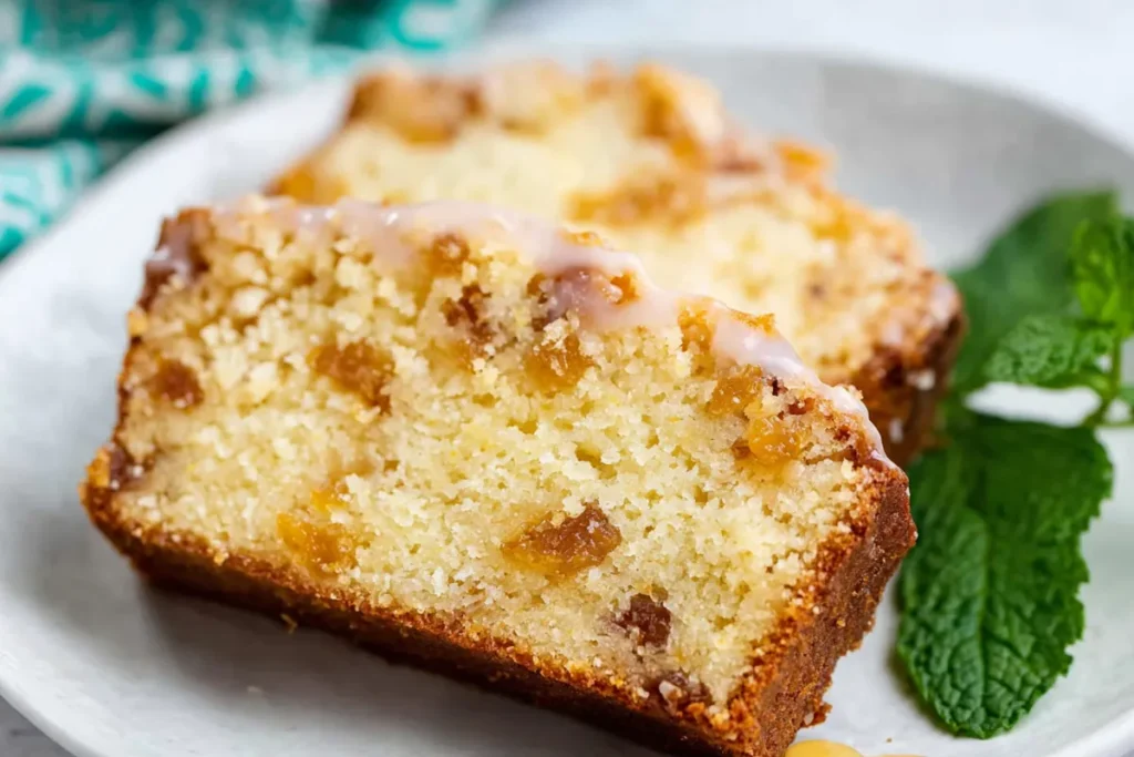 Peach Bread slice topped with a light peach glaze and filled with tender peach pieces