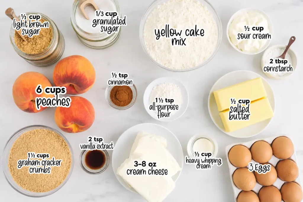 The Girl Inspired Peach Cobbler Cheesecake ingredients arranged on a white marble kitchen counter