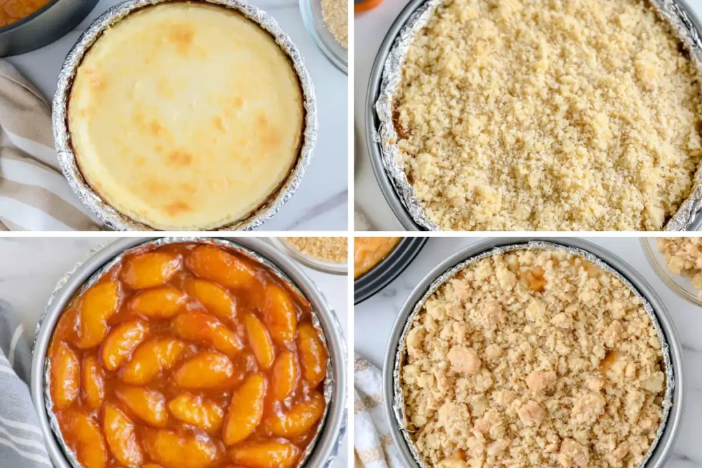 Peach and cobbler crumble topping layered over The Girl Inspired Peach Cobbler Cheesecake