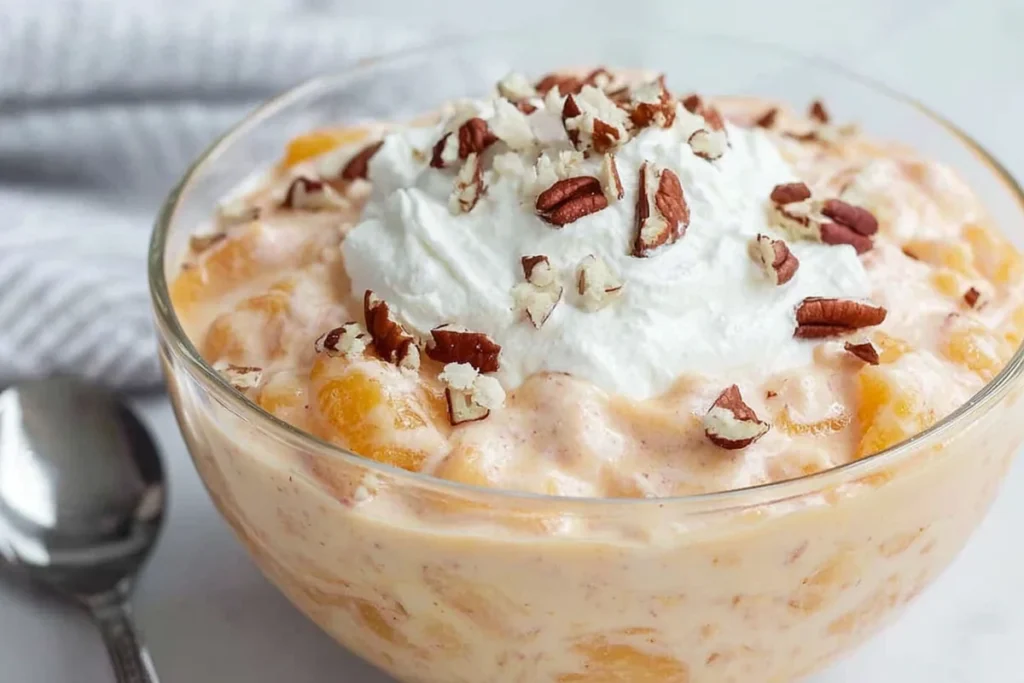 Finished Peach Dessert Salad with marshmallows, peaches, and chopped pecans in a glass bowl