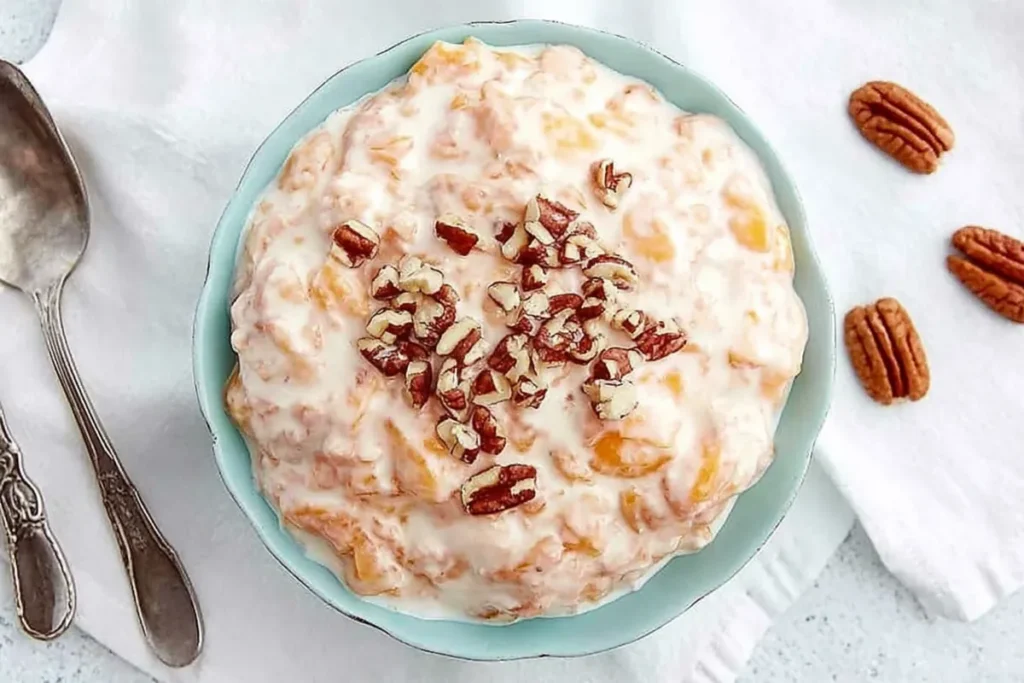 Peach Dessert Salad fluff served in a glass bowl with chopped pecans on top