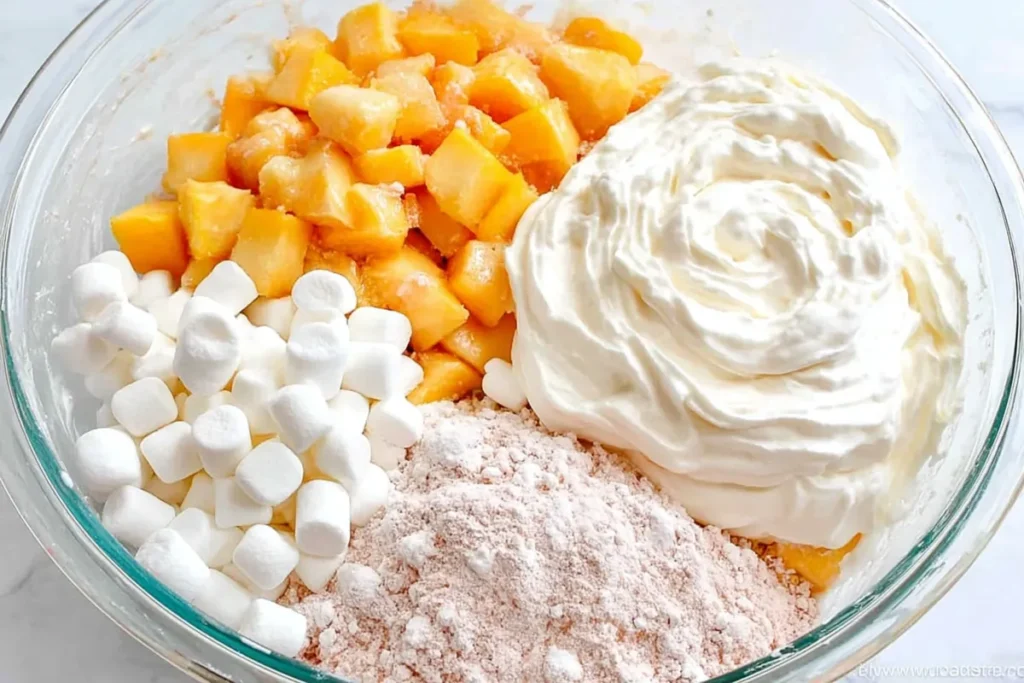 Peach Dessert Salad ingredients in a glass mixing bowl with peaches, marshmallows, cream cheese, and whipped topping