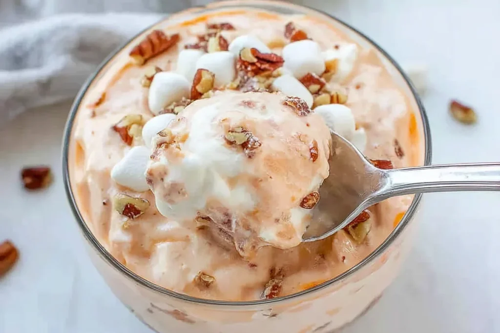 Peach Dessert Salad served cold with a spoonful of peach fluff, marshmallows, and pecans