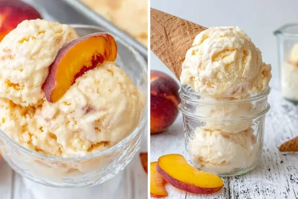 Peach Ice Cream with Fresh Summer Peaches and Classic Custard Base 27 Peach Ice Cream Served in a Bowl with Fresh Peaches and Waffle Cone