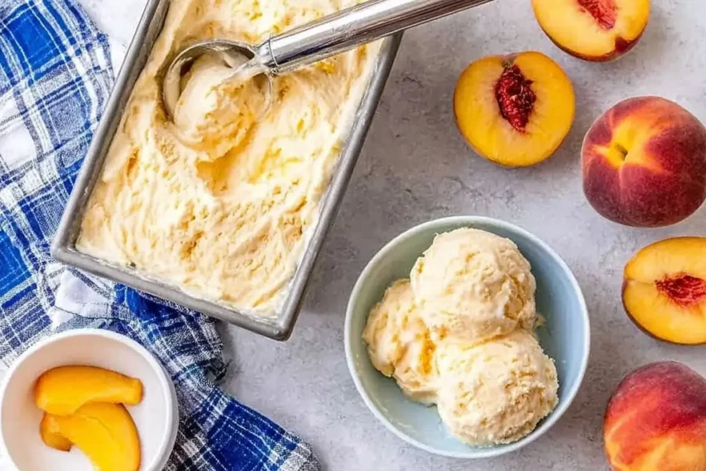 Peach Ice Cream with Fresh Summer Peaches and Classic Custard Base 18 Peach Ice Cream Equipment with Loaf Pan Scoop and Fresh Peaches