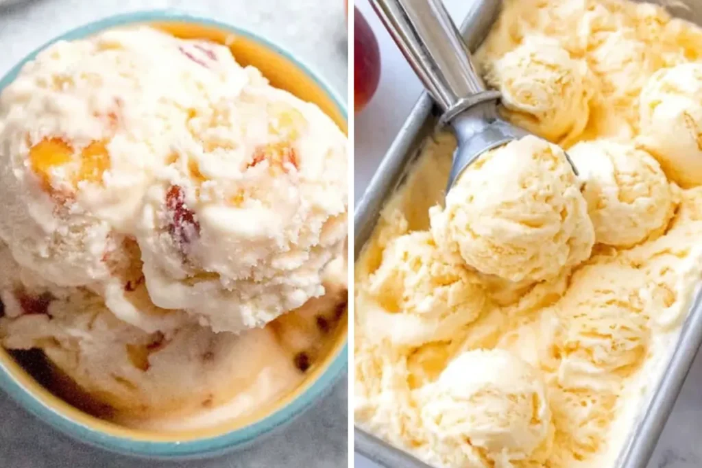 Peach Ice Cream with Fresh Summer Peaches and Classic Custard Base 28 Peach Ice Cream Final Serving Bowl with Fresh Peach Wedges
