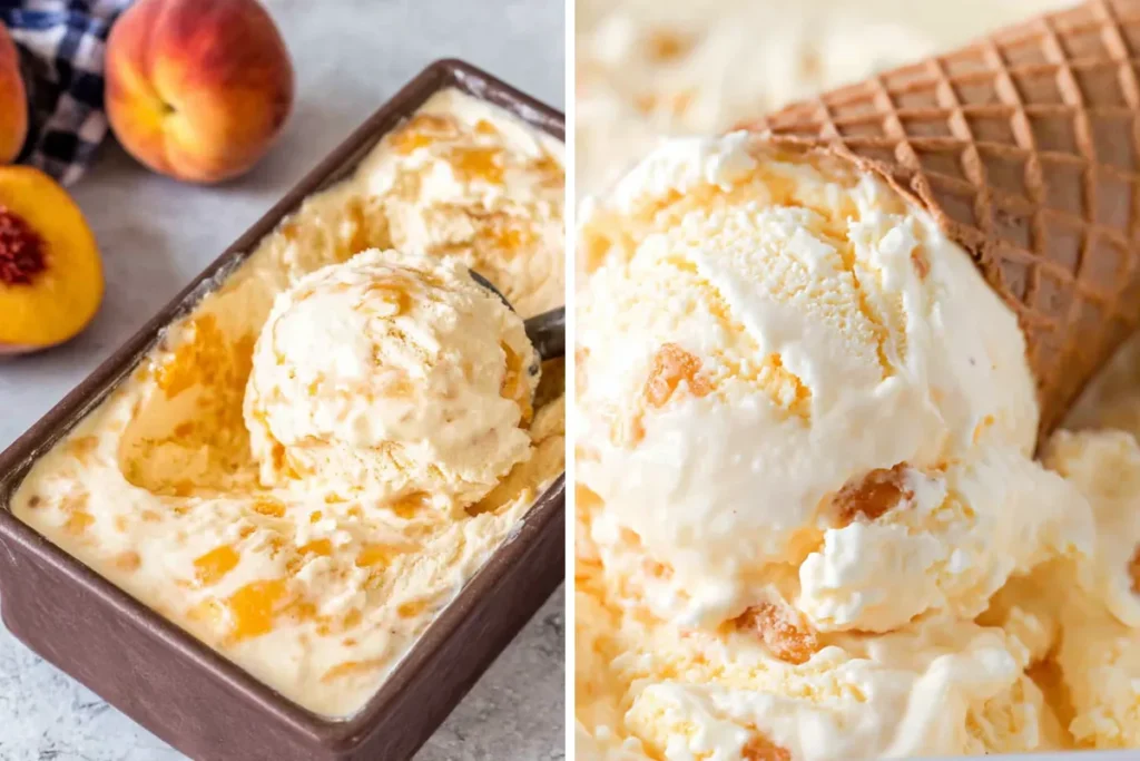 Peach Ice Cream with Fresh Summer Peaches and Classic Custard Base 16 Peach Ice Cream in a Loaf Pan with Fresh Peaches and Scoop
