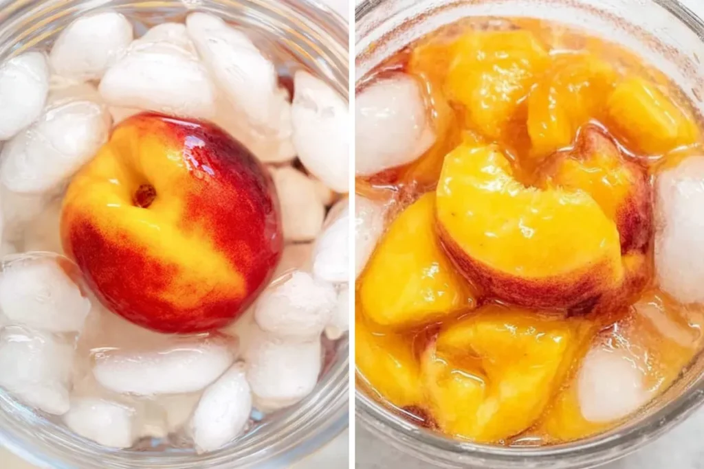 Peach Ice Cream with Fresh Summer Peaches and Classic Custard Base 21 Peach Ice Cream Peach in Ice Bath for Easy Peeling