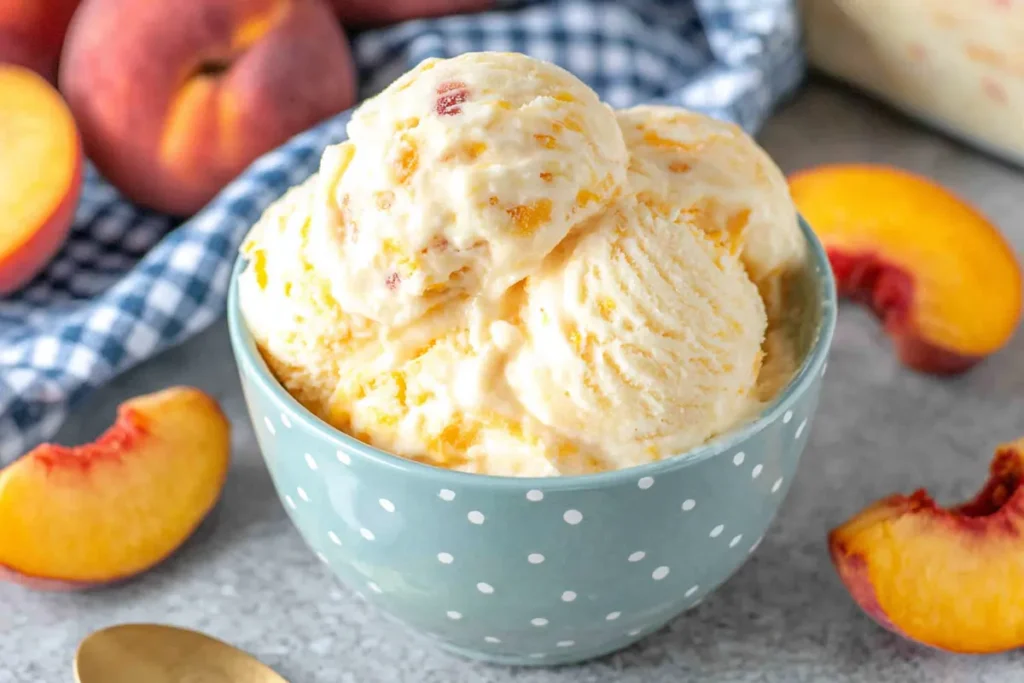 Peach Ice Cream with Fresh Summer Peaches and Classic Custard Base 17 Peach Ice Cream Scoop with Fresh Peach Slices on a Light Countertop