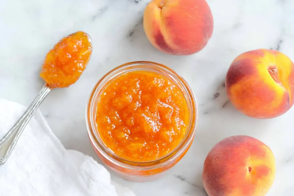 Peach Jam Without Pectin: A Simple Small-Batch Recipe 7 Peach Jam Without Pectin cooked down in a glass jar with fresh peaches