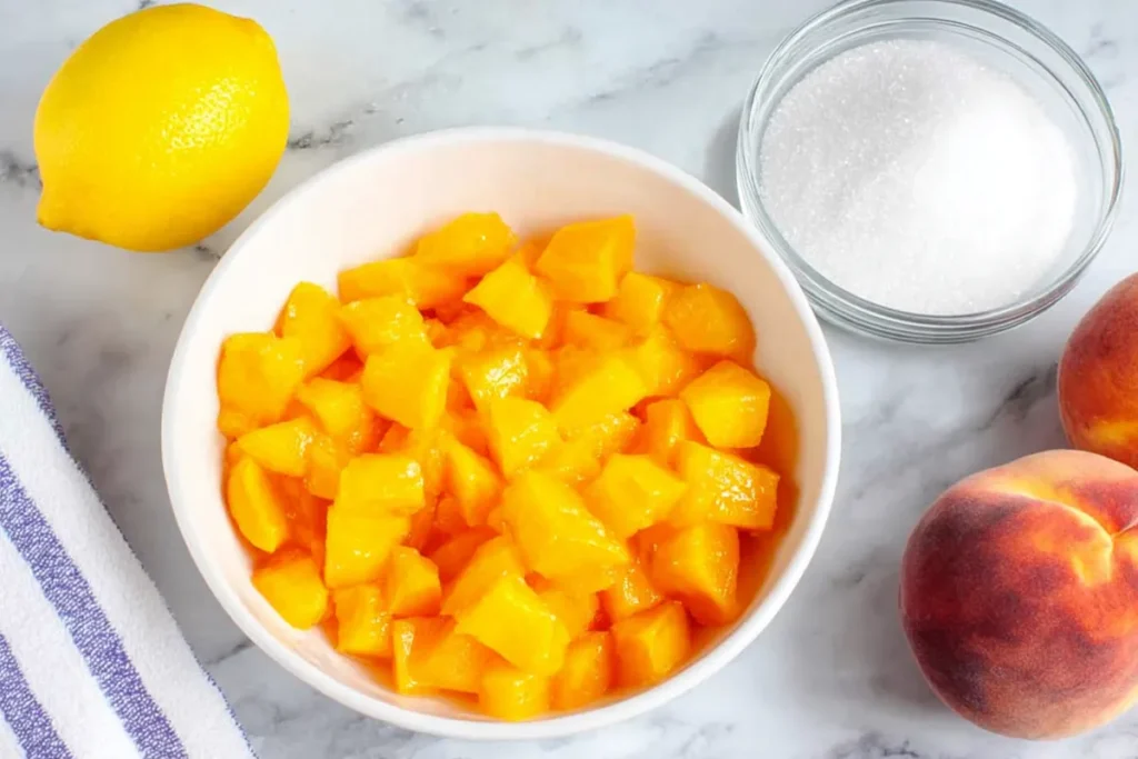 Peach Jam Without Pectin: A Simple Small-Batch Recipe 6 Peach Jam Without Pectin ingredients with chopped peaches lemon juice and sugar