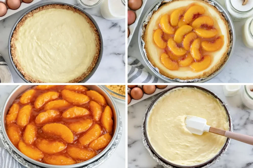 Peach layer added inside The Girl Inspired Peach Cobbler Cheesecake before the second bake