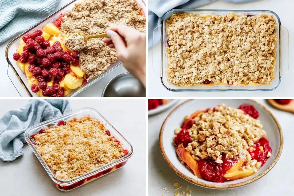 Peach Raspberry Cobbler With Oat Crumble Topping 11 Close-up serving of Peach Raspberry Cobbler with softened peaches raspberries and oat crumble