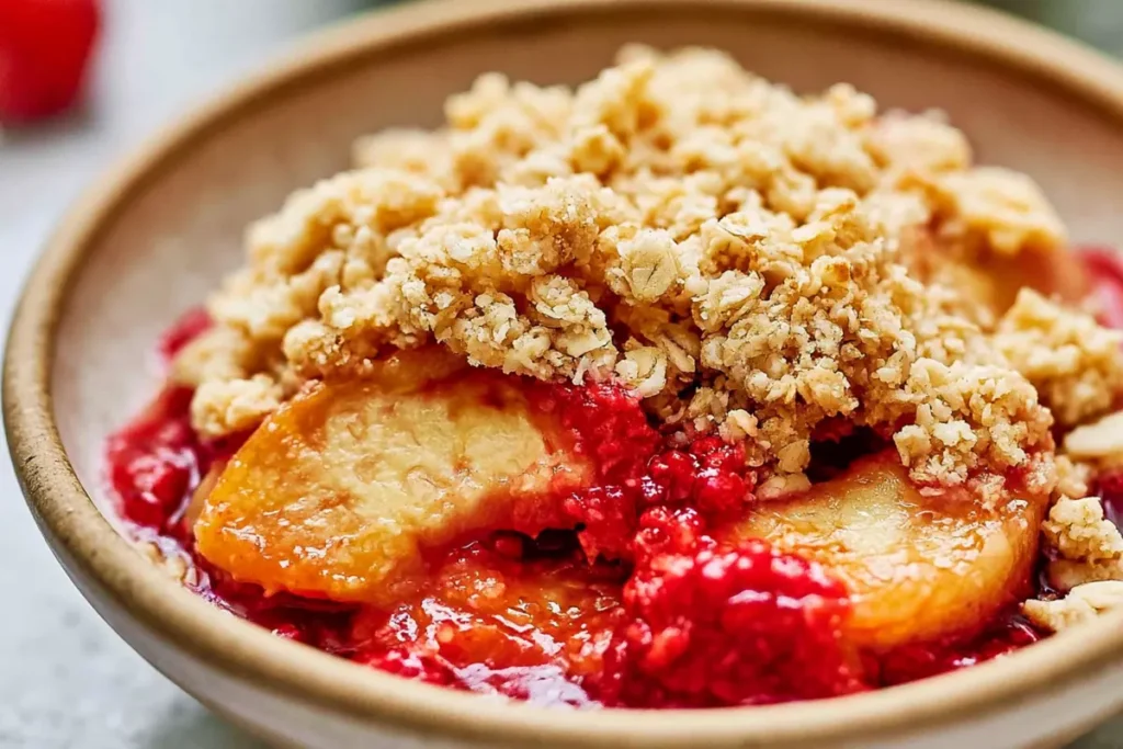 Peach Raspberry Cobbler With Oat Crumble Topping 10 Warm Peach Raspberry Cobbler serving with peaches raspberries and oat crumble