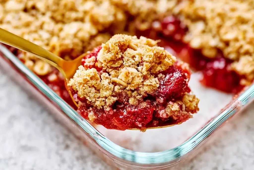 Peach Raspberry Cobbler With Oat Crumble Topping 13 Baked Peach Raspberry Cobbler in a glass dish with golden oat crumble topping