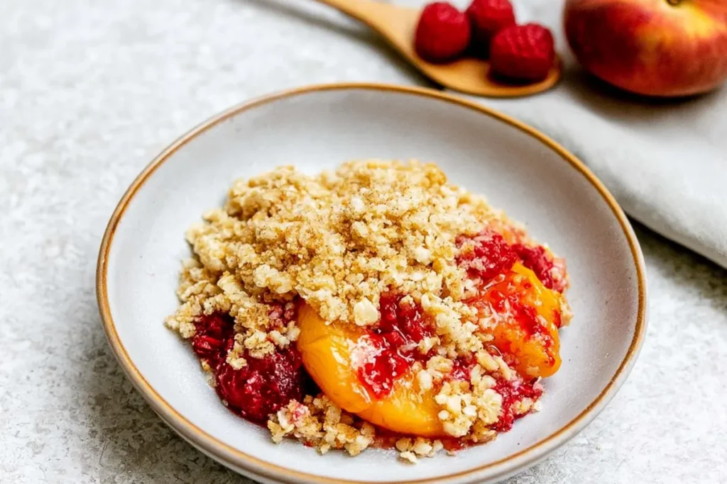 Peach Raspberry Cobbler With Oat Crumble Topping 14 Peach Raspberry Cobbler with fresh raspberries peach slices and golden oat topping
