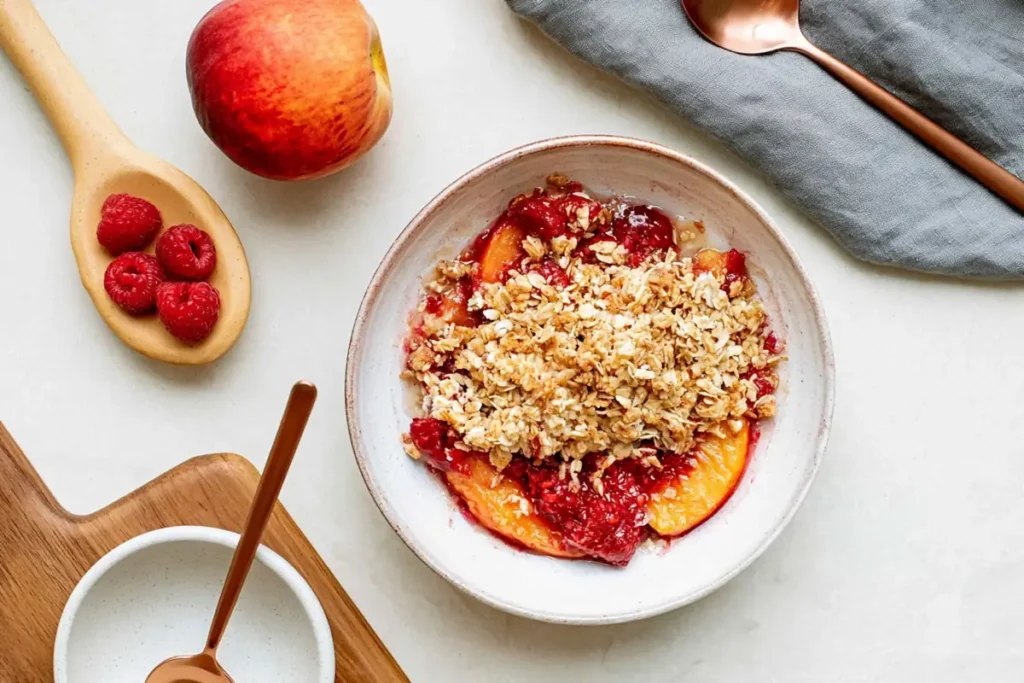 Peach Raspberry Cobbler With Oat Crumble Topping 9 Peach Raspberry Cobbler served with oat crumble on a light kitchen countertop