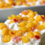 Peaches and Cream Poke Cake recipe with fresh peach filling and creamy whipped topping