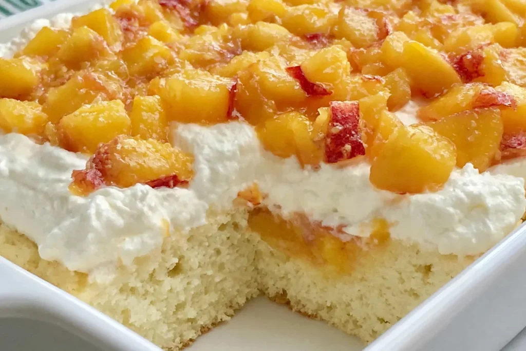Peaches and Cream Poke Cake with Fresh Peach Filling 7 Peaches and Cream Poke Cake showing soft cake layers with peach filling and cream topping