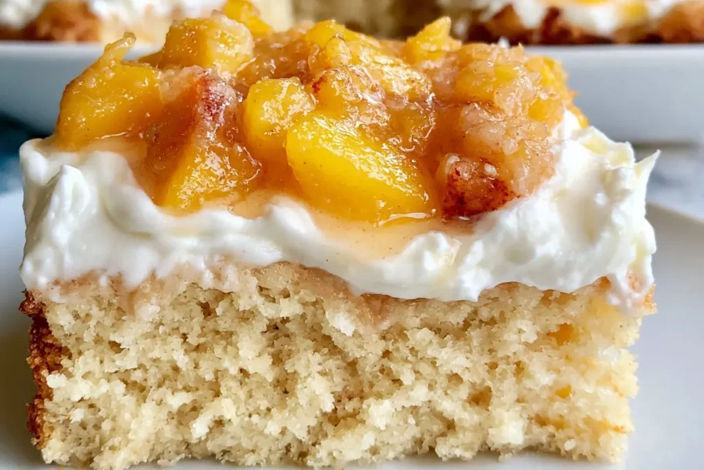 Peaches and Cream Poke Cake with Fresh Peach Filling 10 Close-up of Peaches and Cream Poke Cake texture with peach filling and cream topping