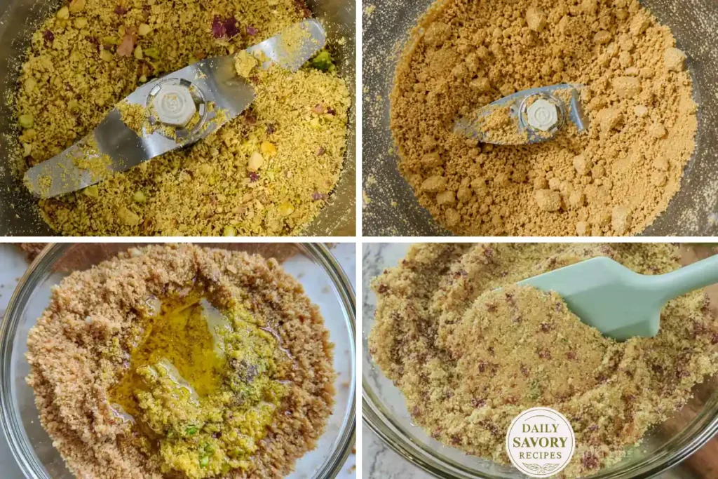 Baked Yogurt Pistachio Crust with Saffron and a Creamy Indian-Style Finish 19 Ground pistachios and biscuit crumbs prepared for Baked Yogurt Pistachio Crust