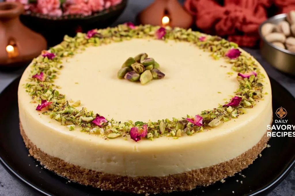 Baked Yogurt Pistachio Crust with Saffron and a Creamy Indian-Style Finish 21 Baked Yogurt Pistachio Crust shown from above with pistachios, rose petals, and a smooth saffron filling