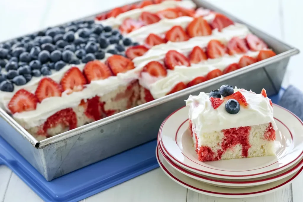 Red white and blue poke cake slice with strawberry gelatin, whipped topping, strawberries, and blueberries