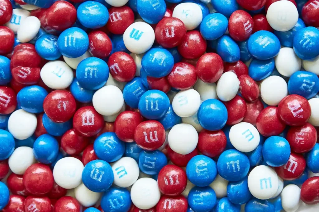 Red white and blue M&Ms for 4th of July monster cookies recipe
