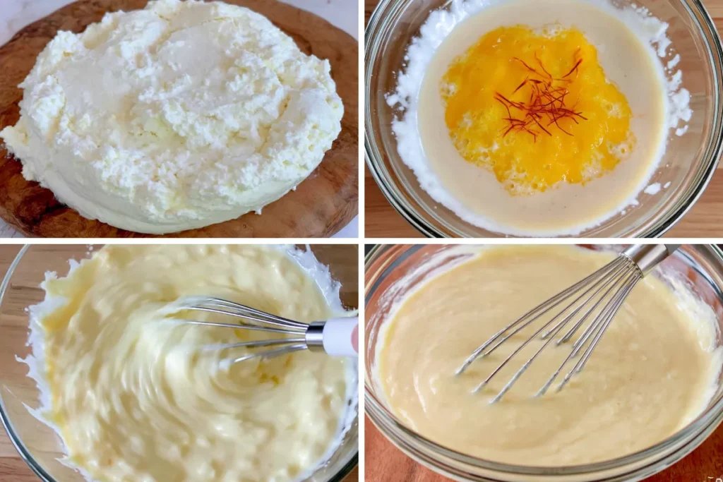 Baked Yogurt Pistachio Crust with Saffron and a Creamy Indian-Style Finish 23 Smooth saffron yogurt filling for Baked Yogurt Pistachio Crust being prepared in a glass bowl