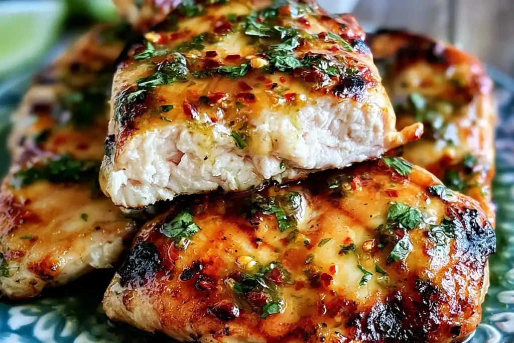 Salsa Verde Pepper Jack Chicken for Fast Weeknight Grilling 5 Salsa Verde Pepper Jack Chicken resting on a wooden board with melted pepper Jack and lime wedges
