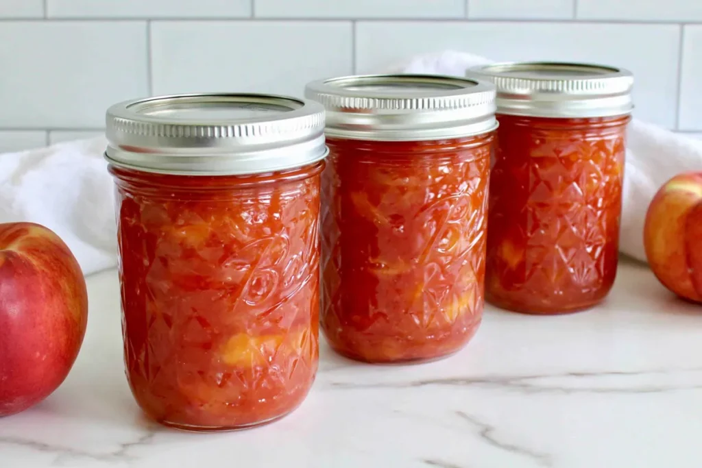 Nectarine Jam Without Pectin (With Canning and Storage Tips) 15 Sealed jars of Nectarine Jam ready for canning with fresh nectarines beside them