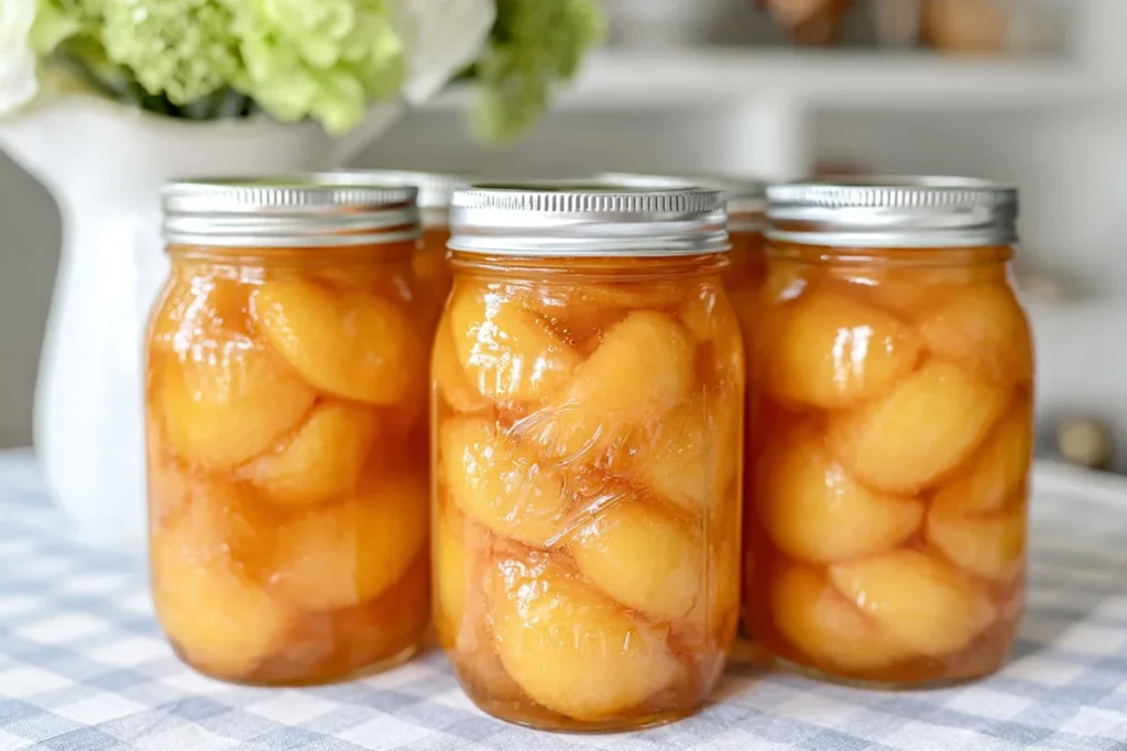 Honey Syrup Canned Peaches (A Simple Water Bath Method) 9 Sealed jars of Honey Syrup Canned Peaches cooling on a checked kitchen towel