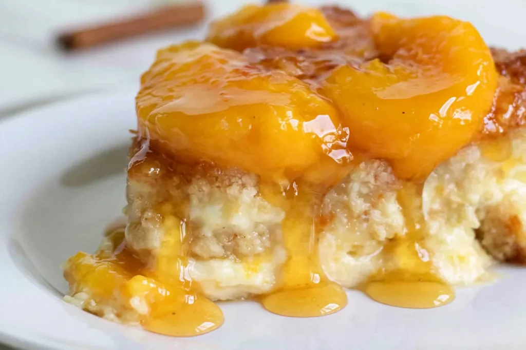 Served slice of The Girl Inspired Peach Cobbler Cheesecake with peach sauce and cobbler topping