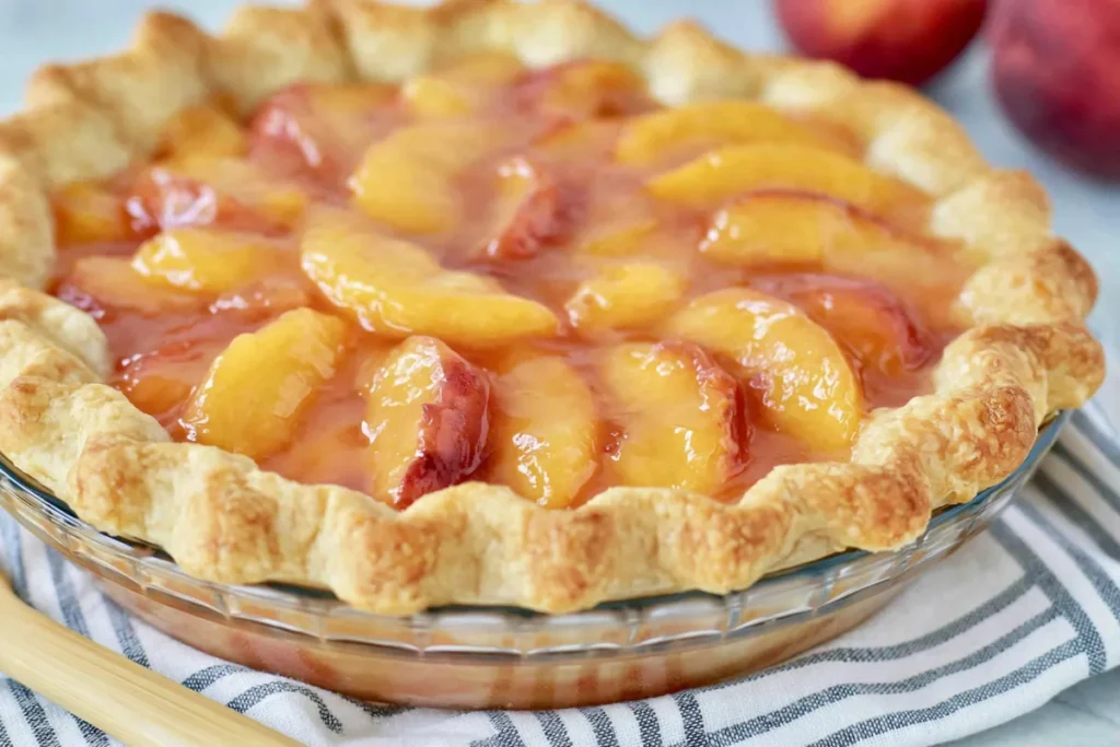 Simple Fresh Peach Pie with a Chilled Peach Glaze 10 Simple Fresh Peach Pie overhead with fresh peaches and serving plate