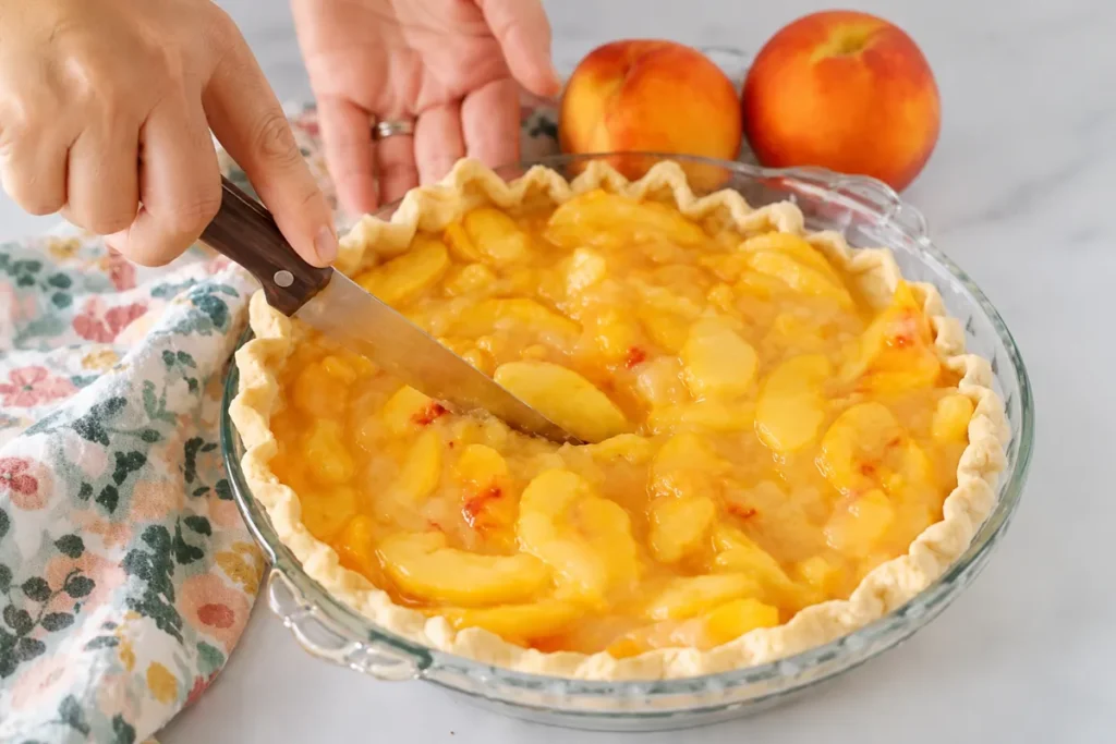 Simple Fresh Peach Pie with a Chilled Peach Glaze 9 Simple Fresh Peach Pie with a clean slice cut into glossy peach filling