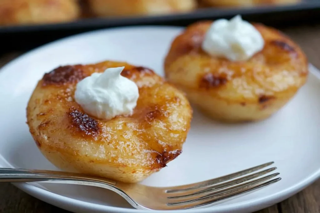Simple Baked Pears with honey cinnamon glaze served on a blue plate