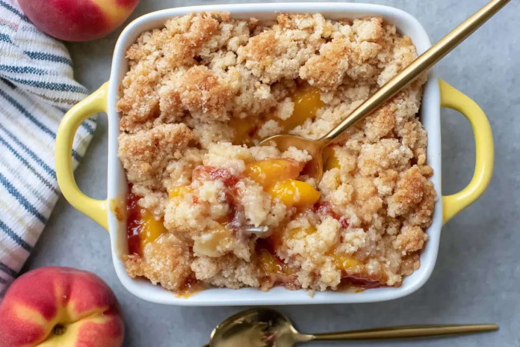 Small Batch Peach Cobbler for Two with Buttery Crumble Topping 15 Small Batch Peach Cobbler baked in a ramekin with golden crumble topping and bubbling peach filling